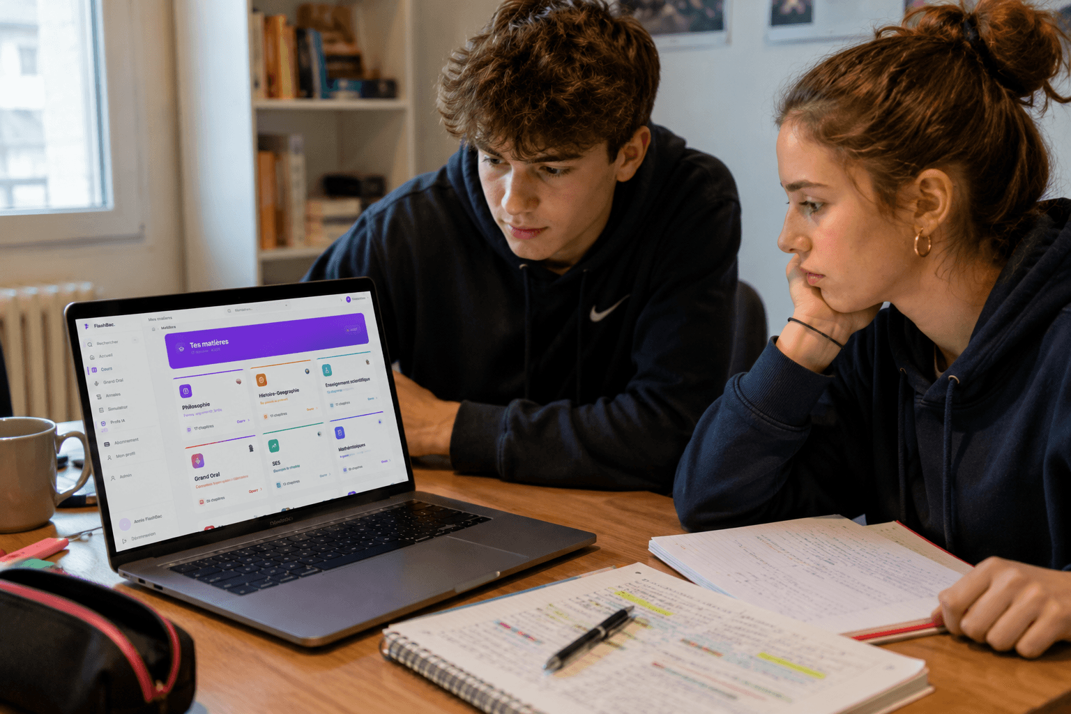 Deux élèves de Terminale concentrés devant FlashBac, l'un explique à l'autre