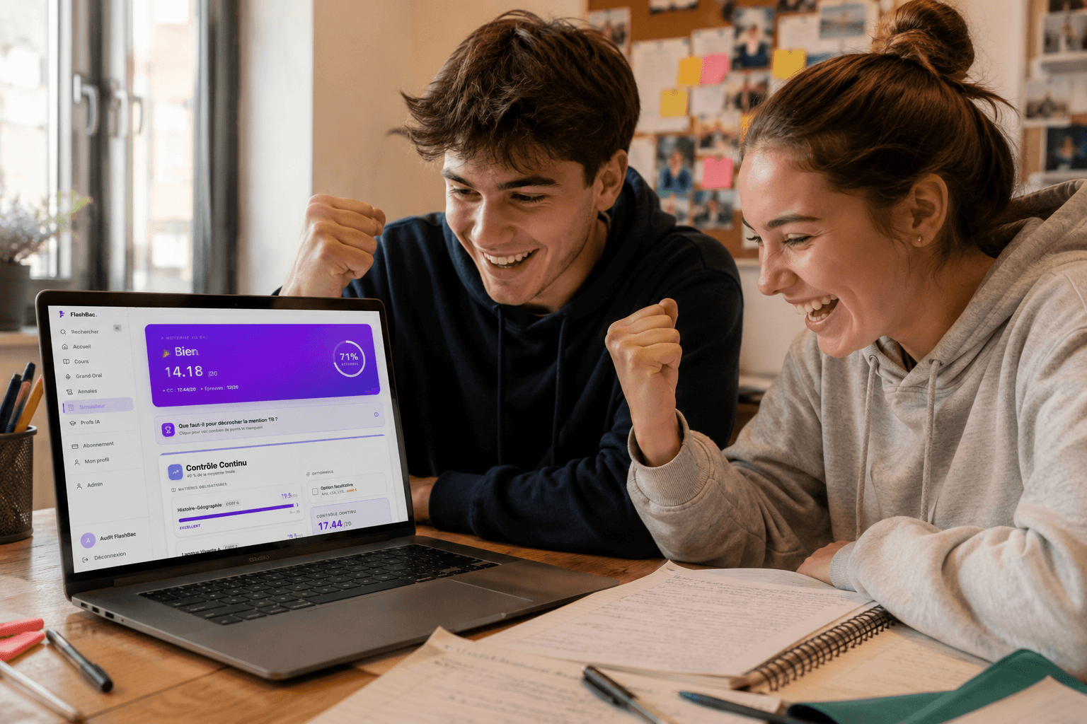 Deux élèves célèbrent leur résultat sur FlashBac : Bilan 14.18/20, mention Bien
