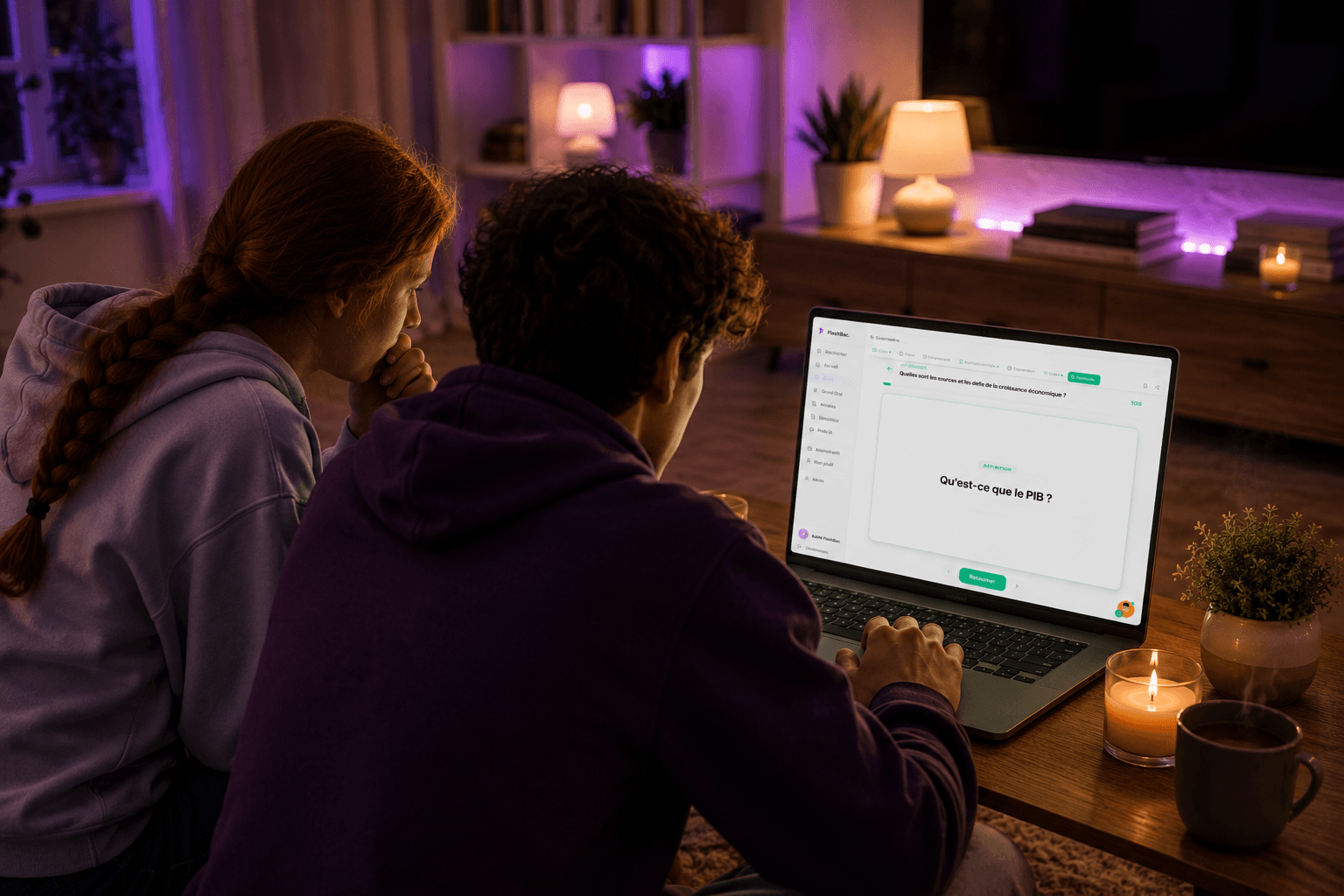 Deux élèves penchés sur leur ordinateur, en suspense avant de retourner une flashcard FlashBac sur le PIB