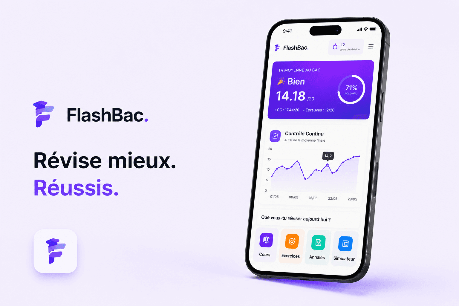 Application FlashBac sur smartphone : dashboard avec Bien 14.18/20, contrôle continu et raccourcis Cours, Exercices, Annales, Simulateur