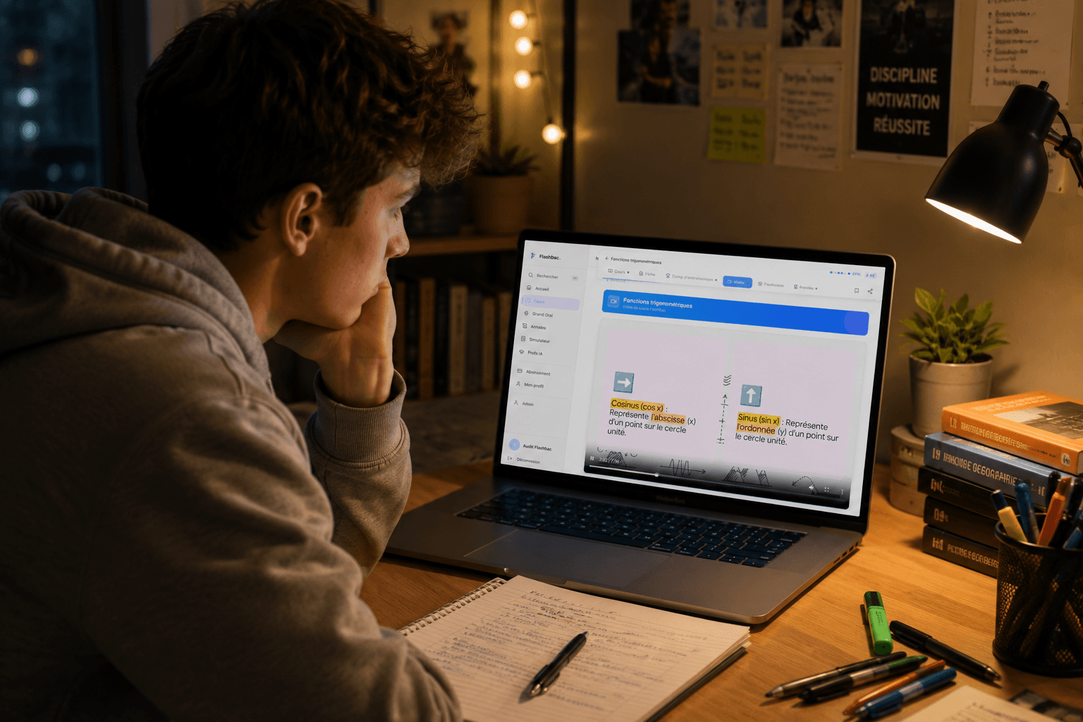 Élève qui regarde un cours vidéo FlashBac sur les fonctions trigonométriques (Cosinus, Sinus, cercle unité)